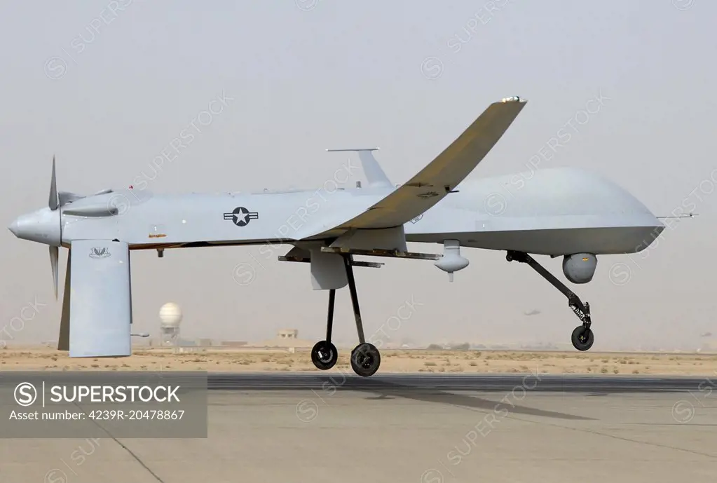 An MQ-1 Predator unmanned aircraft prepares for takeoff in support of operations in Southwest Asia.