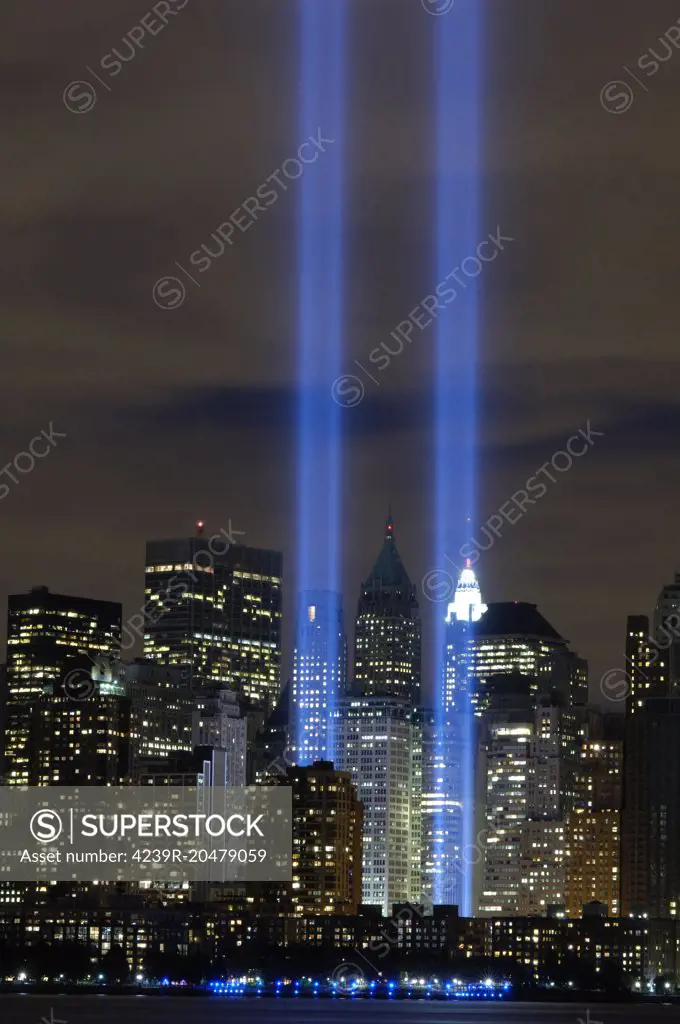 September 11, 2006 - The Tribute of Light memorial is lit in New York City, New York, at the former World Trade Center site in remembrance of the terrorist attack of Sept. 11, 2001, as seen from the opposite bank of Upper New York Bay at Liberty State Park, New Jersey.