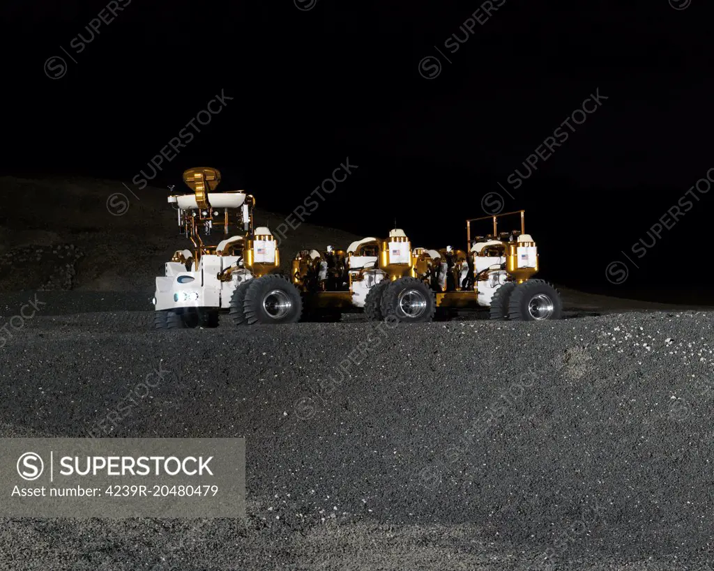 December 13, 2007 - NASA's new lunar truck prototype, seen here in the Lunar Yard at Johnson Space Center, was designed to explore the options NASA has in lunar rovers. Its six wheels, active suspension and rotating driver's stand will be compared to the four wheels and driver's seats of more traditional rovers as plans are made for lunar exploration. 