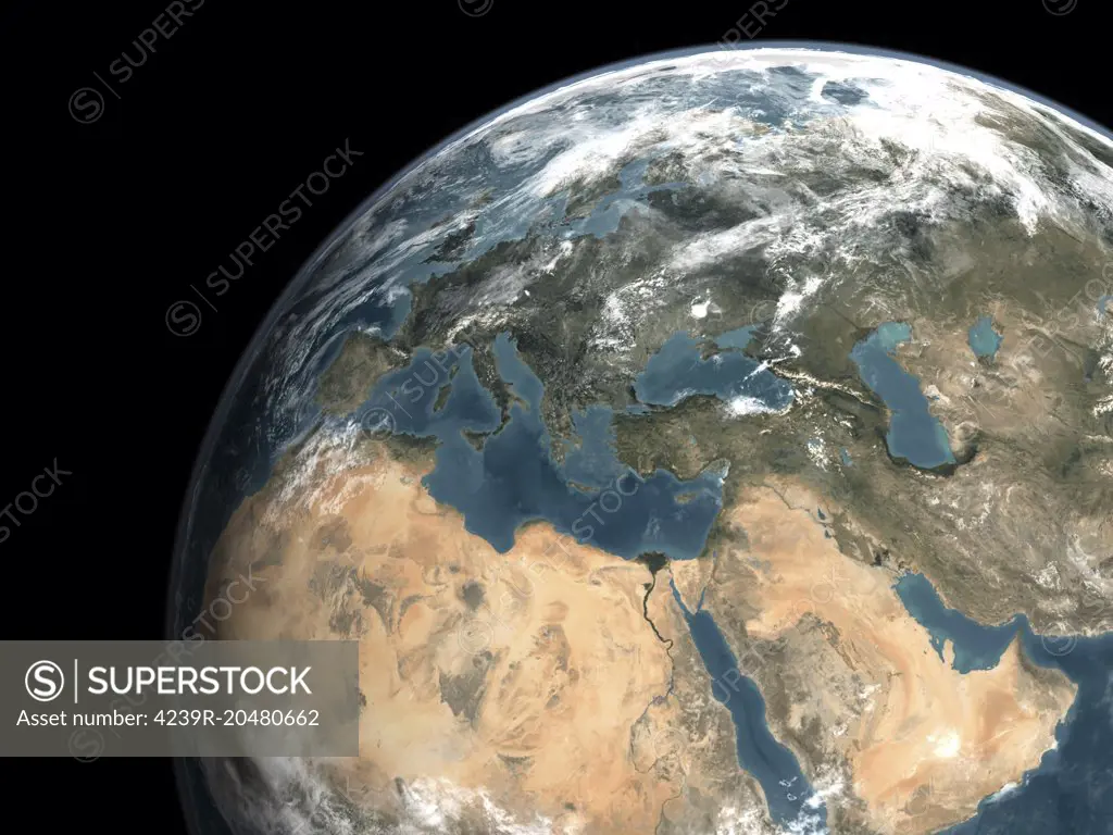 Global view of earth over Europe, Middle East, and northern Africa. 
