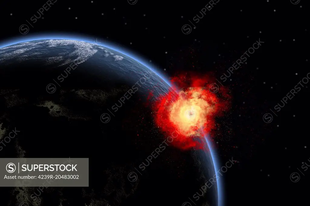 A powerful explosion on Earth's surface as a result of a colliding asteroid impact.