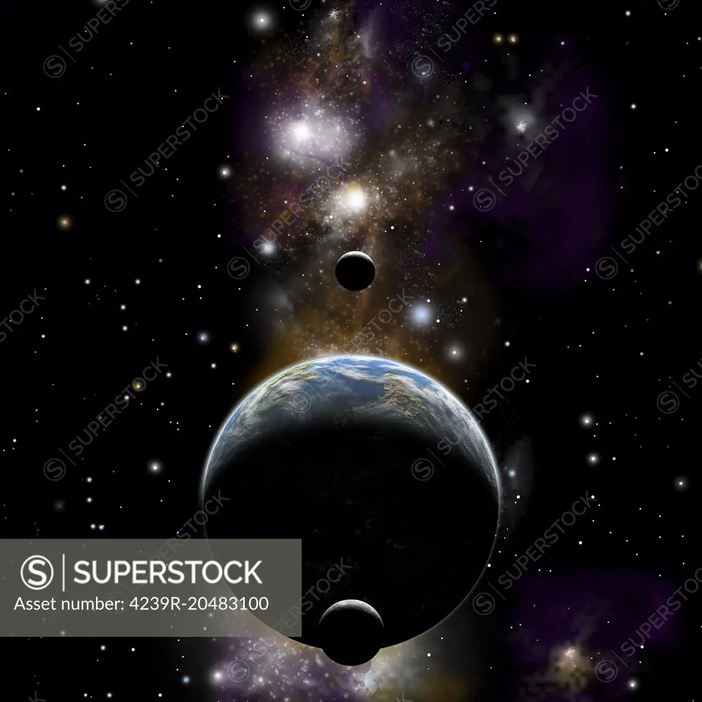 An artist's depiction of an Earth type world with two moons against a background of nebula and stars.