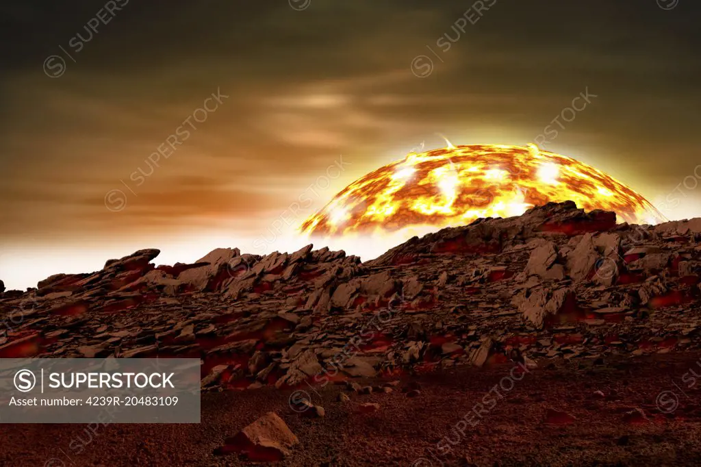 An artist's depiction of an alien world in close proximity to the star it revolves around. 