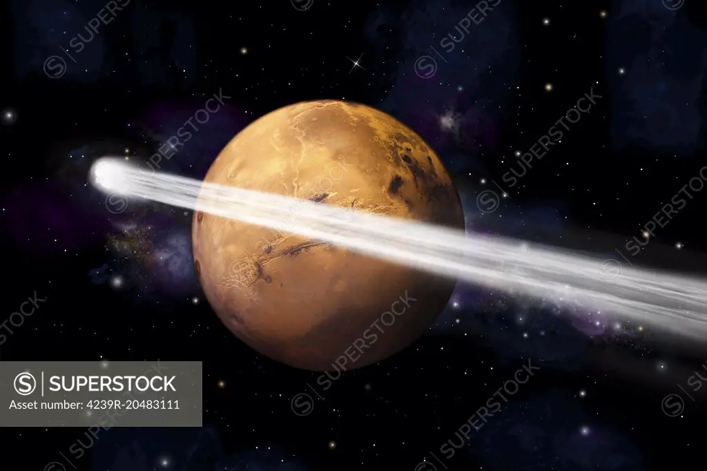 An artist's depiction of the comet C/2013 A1, also known as Siding Spring after the Australian Observatory that discovered the comet. It is shown making a close pass by Mars which is scheduled to happen in October of 2014. Mars image courtesy of NASA.
