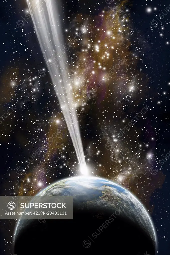 An artist's depiction of an Earth-like planet in deep space facing an imminent collision with a comet.