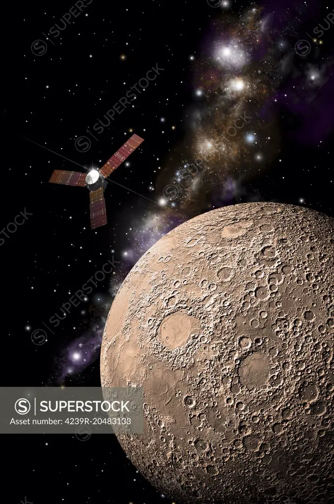 An artist's depiction of a probe investigating a heavily cratered moon in deep space. 