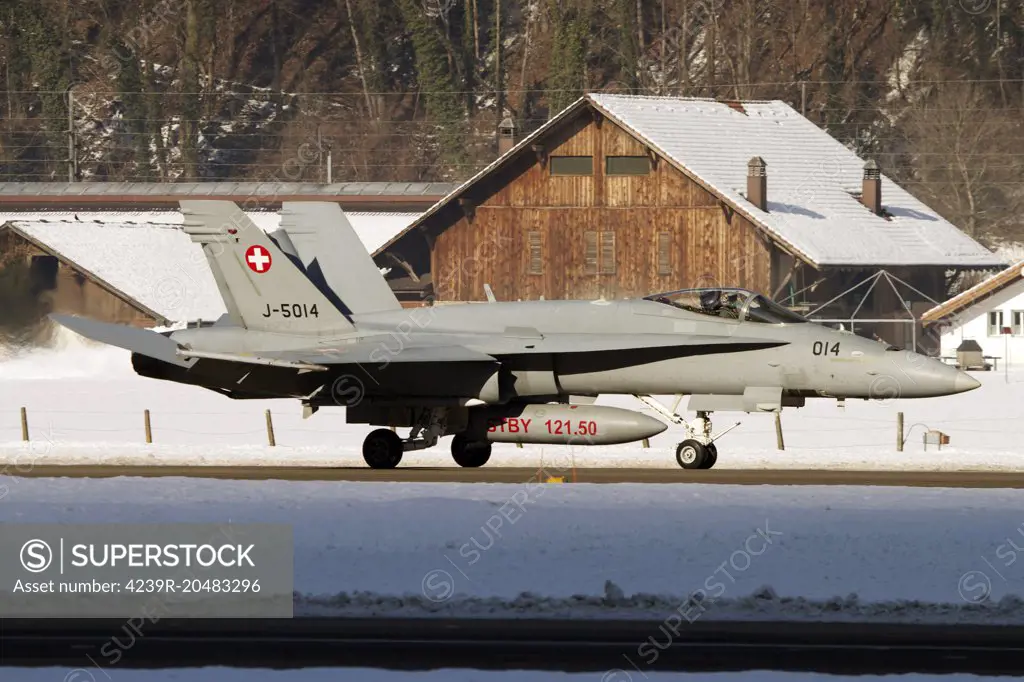 An F/A-18 Hornet of the Swiss Air Force at Sion Airport, Switzerland.