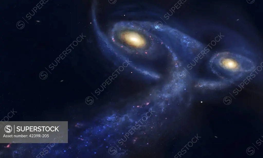 This illustration shows the predicted collision between the Andromeda galaxy and the Milky Way in about 3-5 billion years