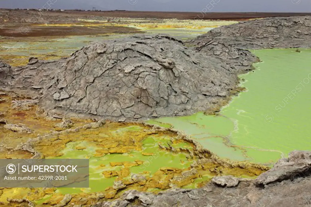 February 1, 2011 - Dallol geothermal area, potassium salt deposits formed by brine hot springs, Danakil Depression, Ethiopia. Dallol mine visible top left.