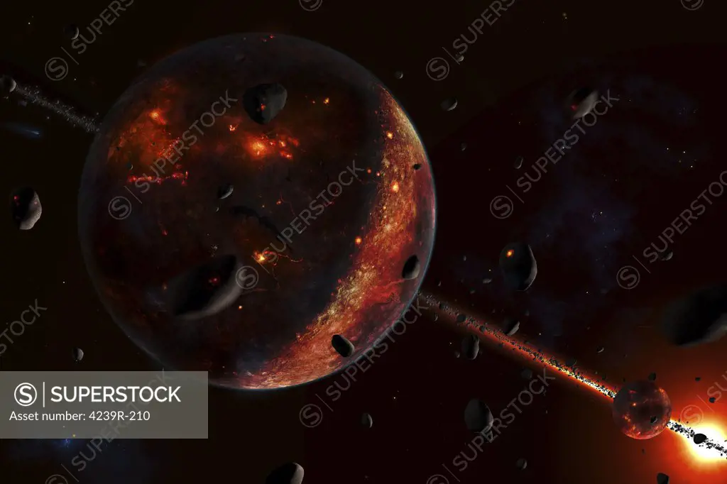 A scene portraying the early stages of a solar system forming, when the (proto-)planet(-s) are heavily bombarded with smaller bodies, such as asteroids and comets