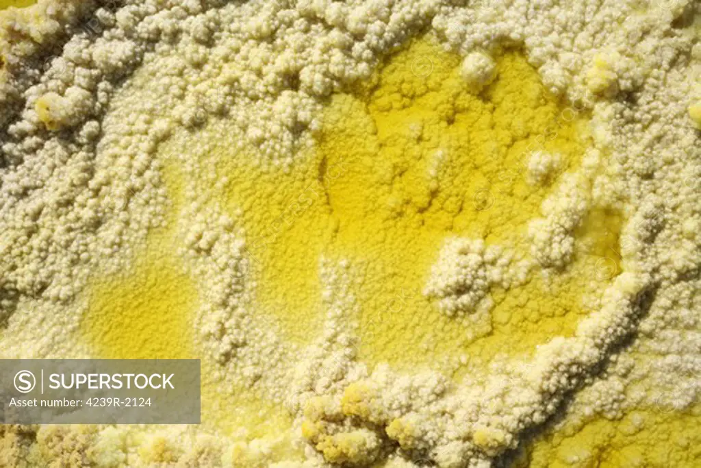 February 11, 2008 - Dallol geothermal area, yellow salt crystals deposited by evaporation of water from brine hot springs, Danakil Depression, Ethiopia.