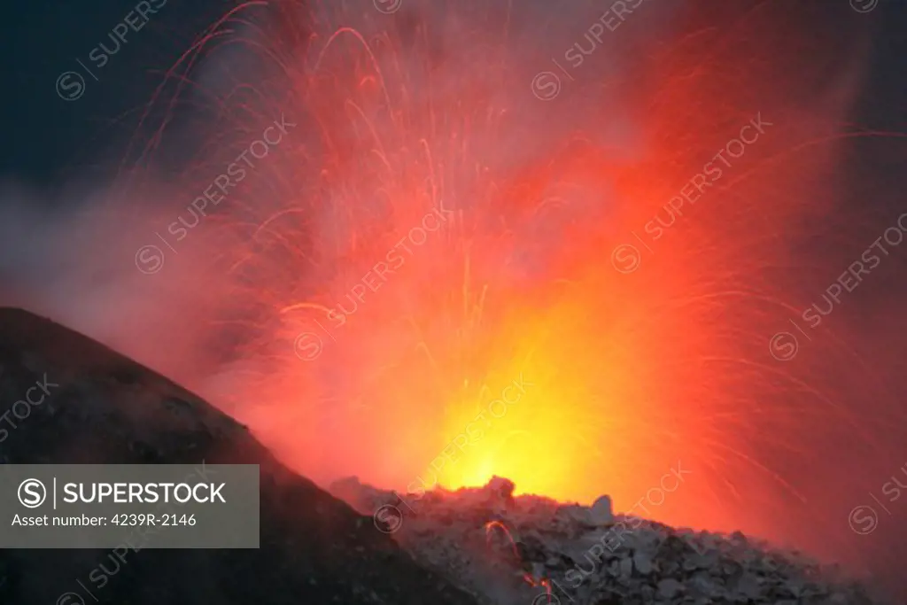 December 11, 2005 - Nighttime eruption of Santiaguito dome complex, Santa Maria volcano, Guatemala.