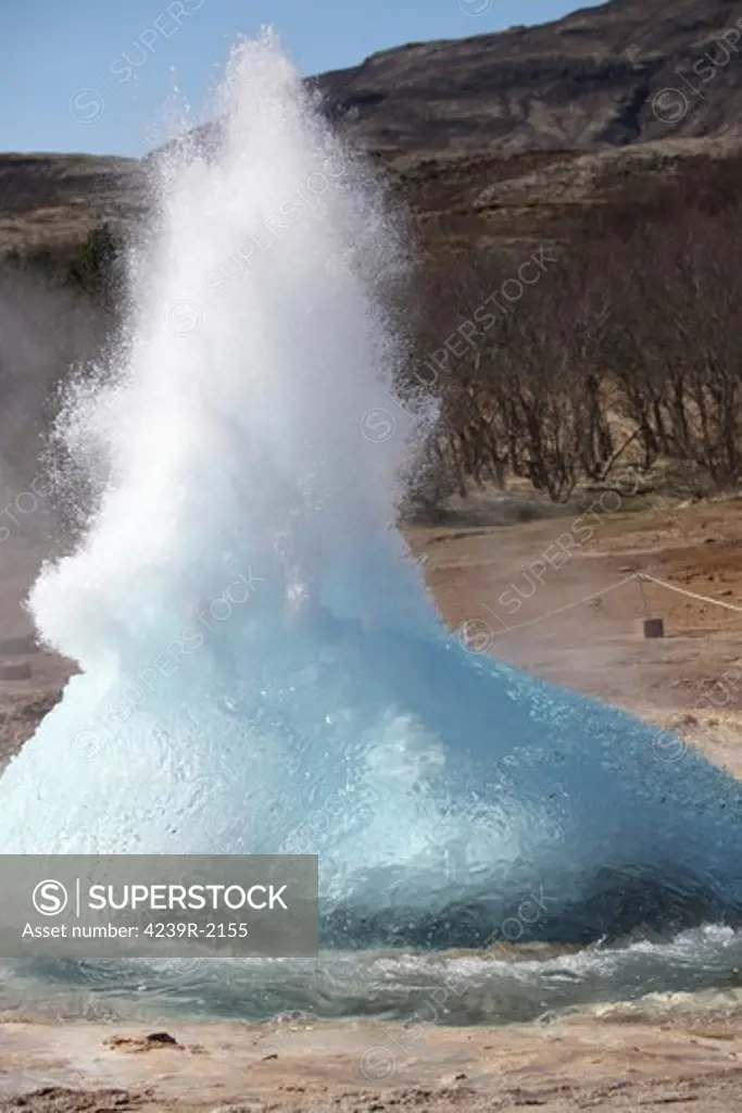 May 9, 2010 - Bursting water bubble at onset of eruption of Strokkur Geysir, Iceland. One of several geysers in Haukadalur valley.