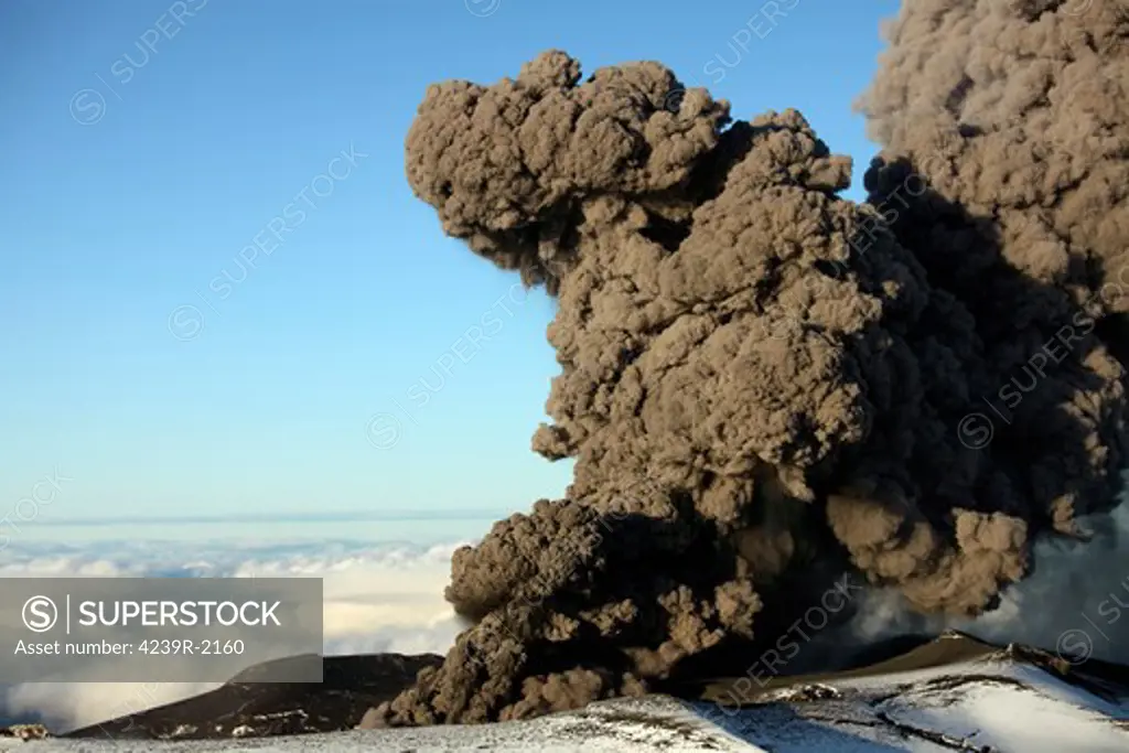 May 12, 2010 - Aerial view of ash cloud erupting from Eyjafjallaj_kull Volcano, Iceland.