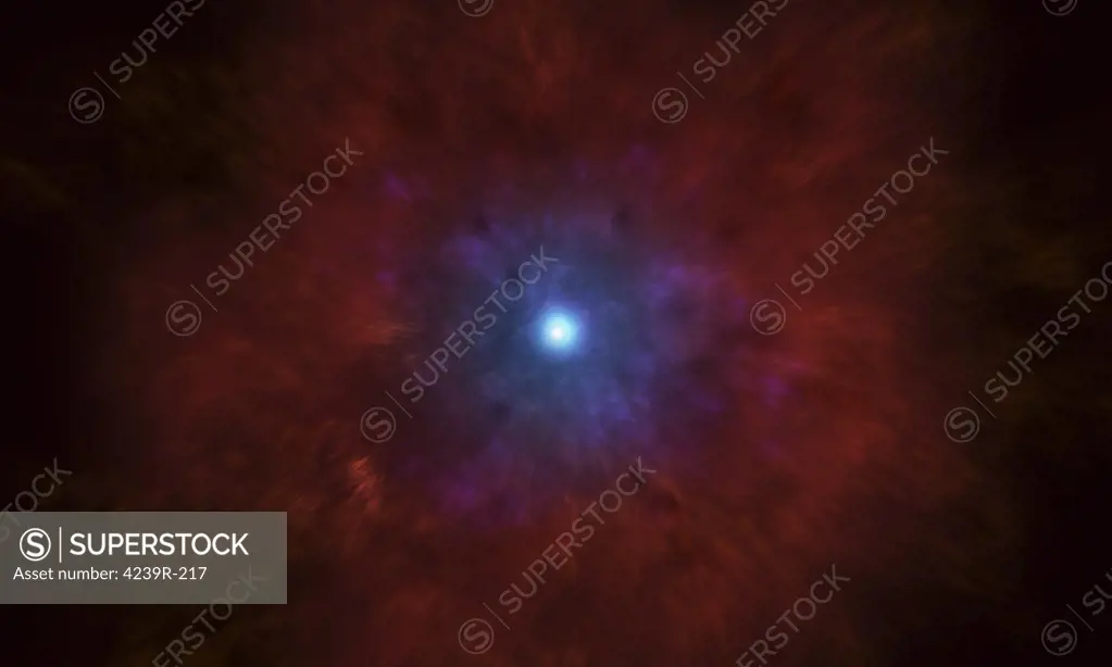 Illustration of a massive star going supernova, which means it is creating an immensely powerful explosion, which for a brief moment is brighter than the entire light of the galaxy