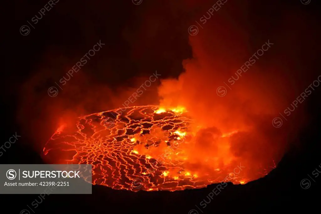 January 21, 2011 - Nighttime view of lava lake in pit crater, Nyiragongo Volcano, Democratic Republic of the Congo.