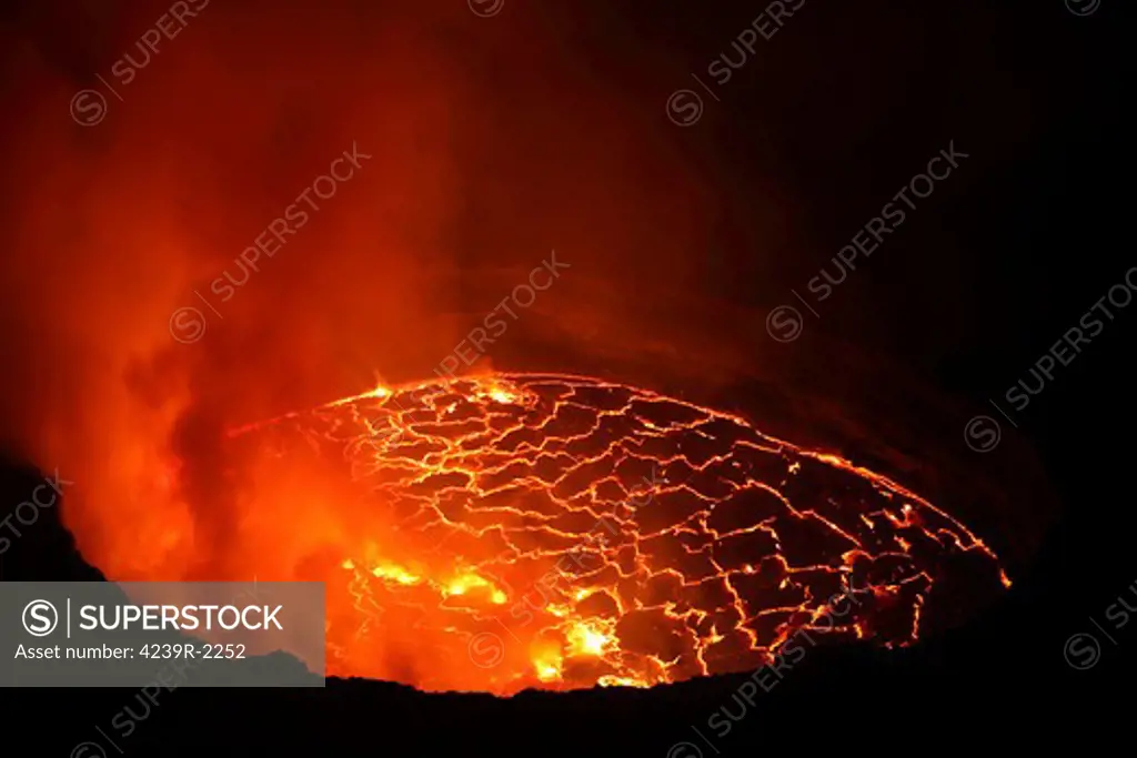 January 21, 2011 - Nighttime view of lava lake in pit crater, Nyiragongo Volcano, Democratic Republic of the Congo.