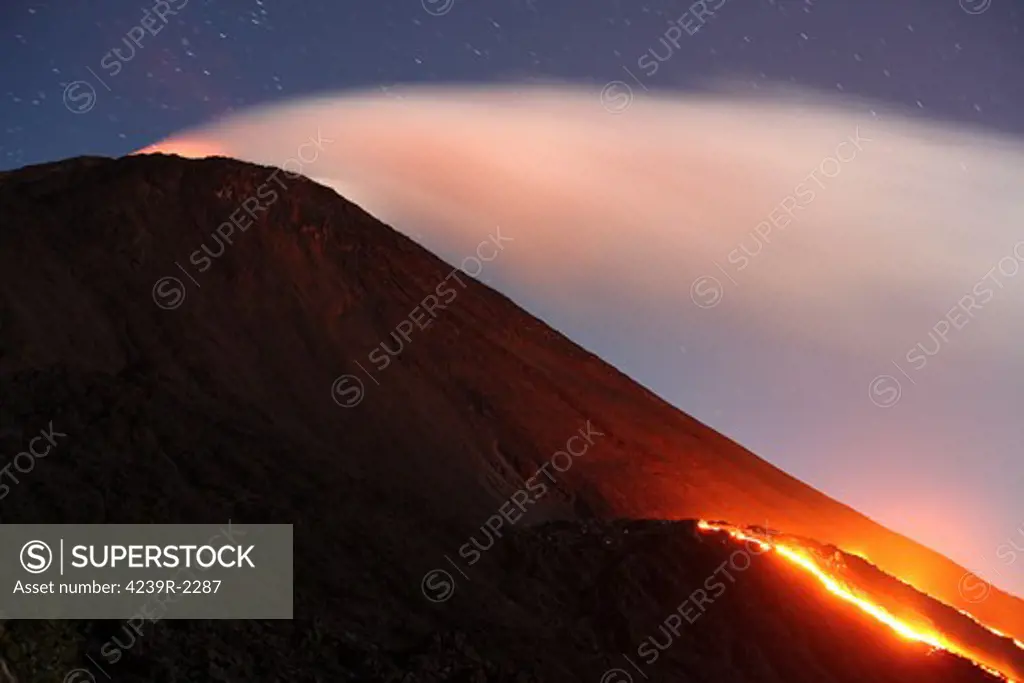 December 22, 2007 - Lava flowing from a small lava shield on the flank of Pacaya volcano, Guatemala.