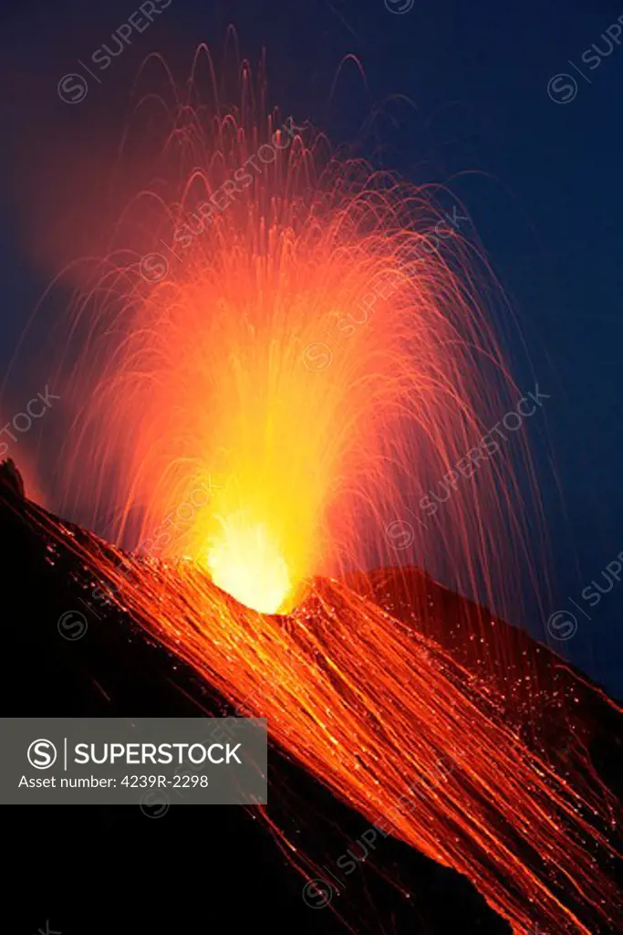 June 2006 - Ejection of lava during nighttime Strombolian eruption of Stromboli volcano, Aeolian Islands, Mediterranian Sea, Italy.