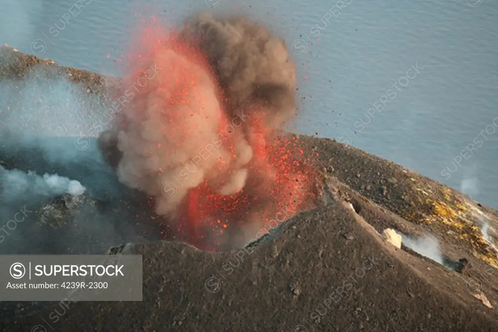 June 2006 - Explosive Strombolian eruption of Stromboli volcano producing ash cloud, volcanic bombs and lava, Aeolian Islands, Mediterranean Sea, Italy.