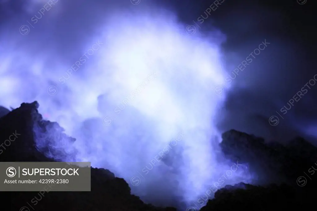 August 12, 2011 - Blue flames of burning sulphur on Kawah Ijen Volcano, Java, Indonesia.