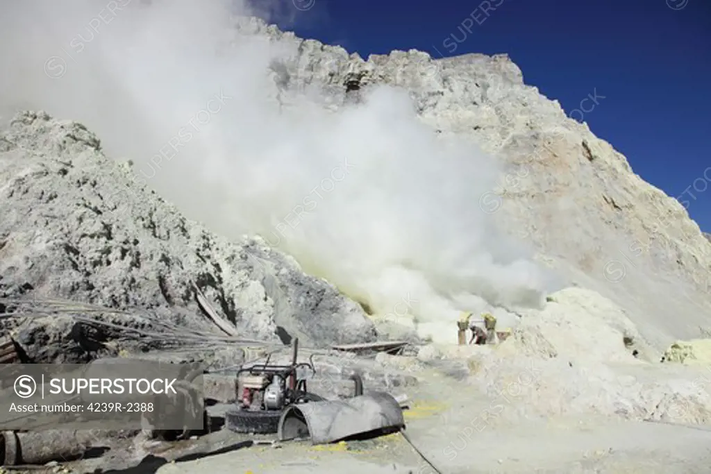 August 13, 2011 - Mine machinery and pool for cooling water, Kawah Ijen volcano, Java, Indonesia.