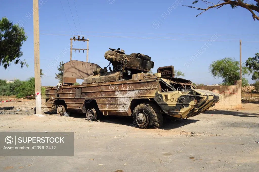 A surface-to-air missile air defense system destroyed by NATO on the outside of Benghazi, Libya.  A war betwean Gaddafi army and Libya's Transitional National Council army with air support from NATO started on March 17, 2011.