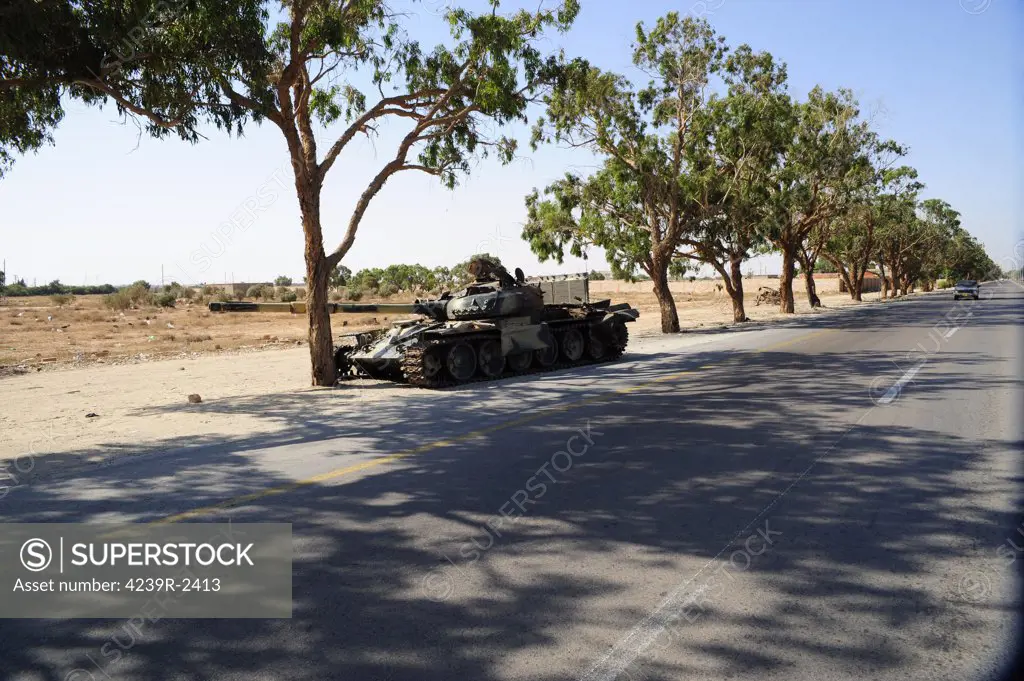 A T-72 tank destroyed by NATO forces just outside Benghazi, Libya.  A war betwean Gaddafi army and Libya's Transitional National Council army with air support from NATO started on March 17, 2011.