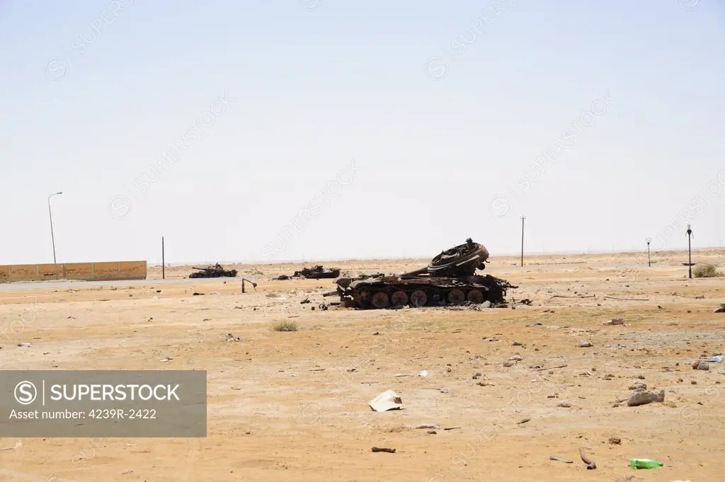 T-55 tanks destroyed by NATO forces just outside Ajdabiya, Libya.  A war betwean Gaddafi army and Libya's Transitional National Council army with air support from NATO started on March 17, 2011.