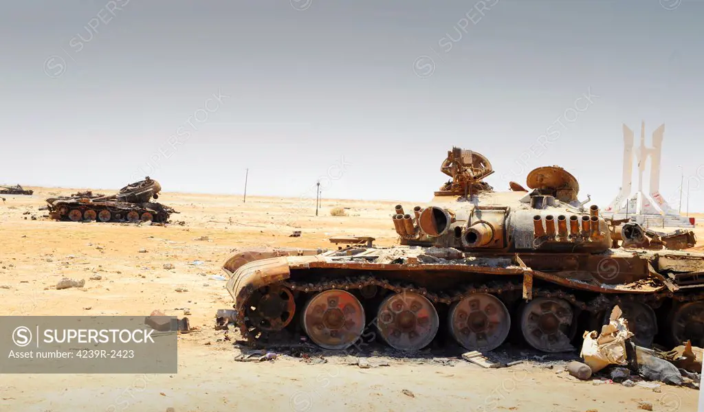A T-80 tank destroyed by NATO forces in the desert north of Ajdabiya, Libya.  A war betwean Gaddafi army and Libya's Transitional National Council army with air support from NATO started on March 17, 2011.