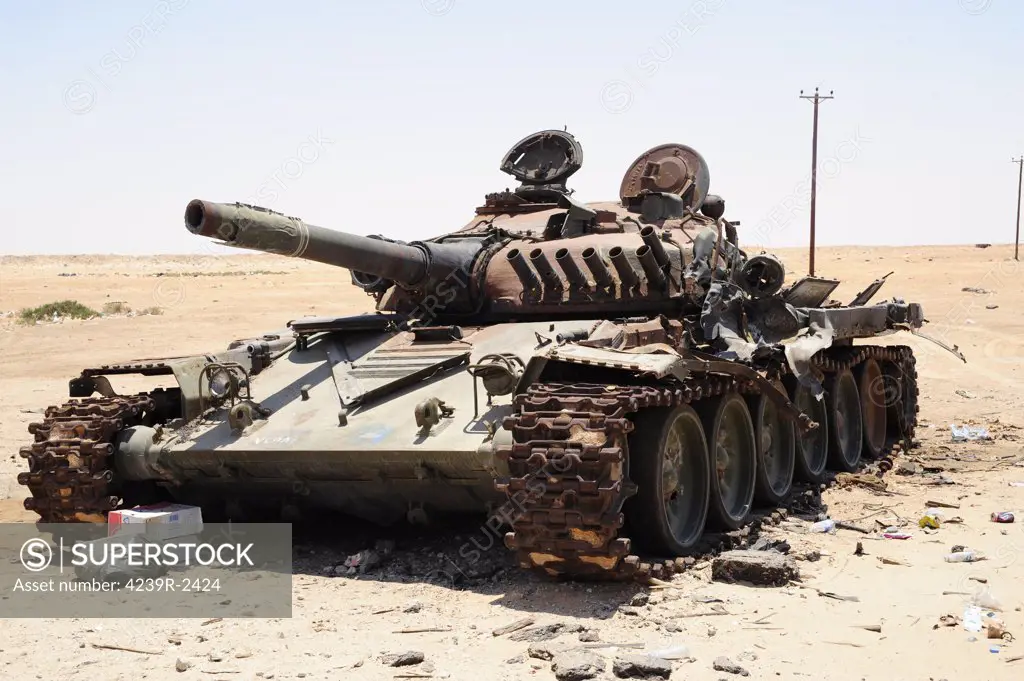 A T-72 tank destroyed by NATO forces in the desert north of Ajdabiya, Libya.  A war betwean Gaddafi army and Libya's Transitional National Council army with air support from NATO started on March 17, 2011.
