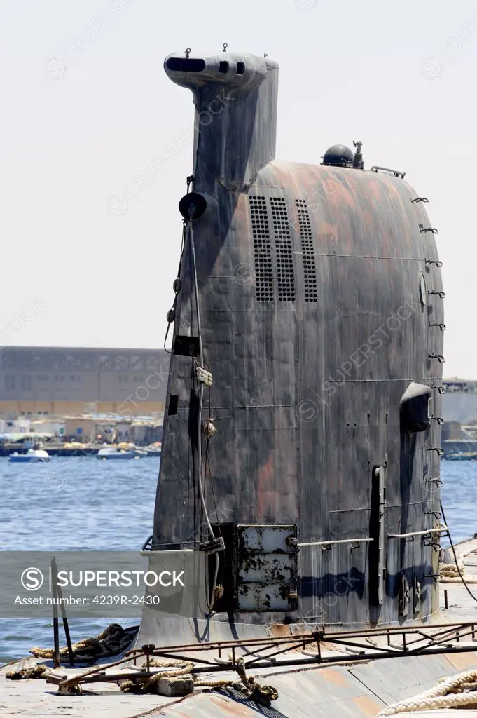 A Libyan Navy Foxtrot-class military submarine moored to the pier in Benghazi, Libya.