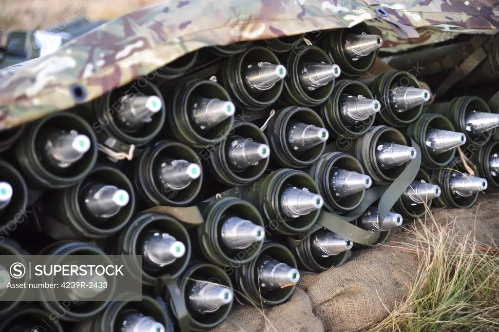 81mm mortar rounds ready stacked ready for use.  The L16A2 81mm Mortar is a Battlegroup level indirect fire weapon which is capable of providing accurate High Explosive, smoke and illuminating rounds out to a maximum range of 5,650 meters.