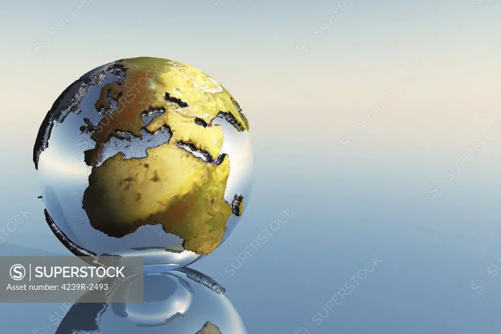 A world globe showing the continents of Europe, Middle East and Africa.