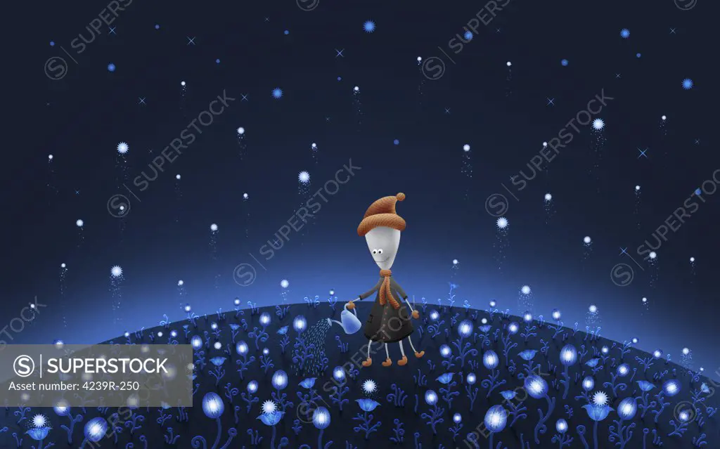 Illustration of a Martian watering a starfield