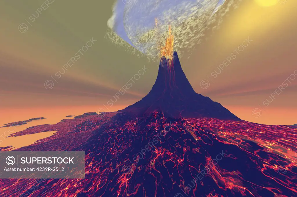 A volcano erupts with smoke, fire and lava.