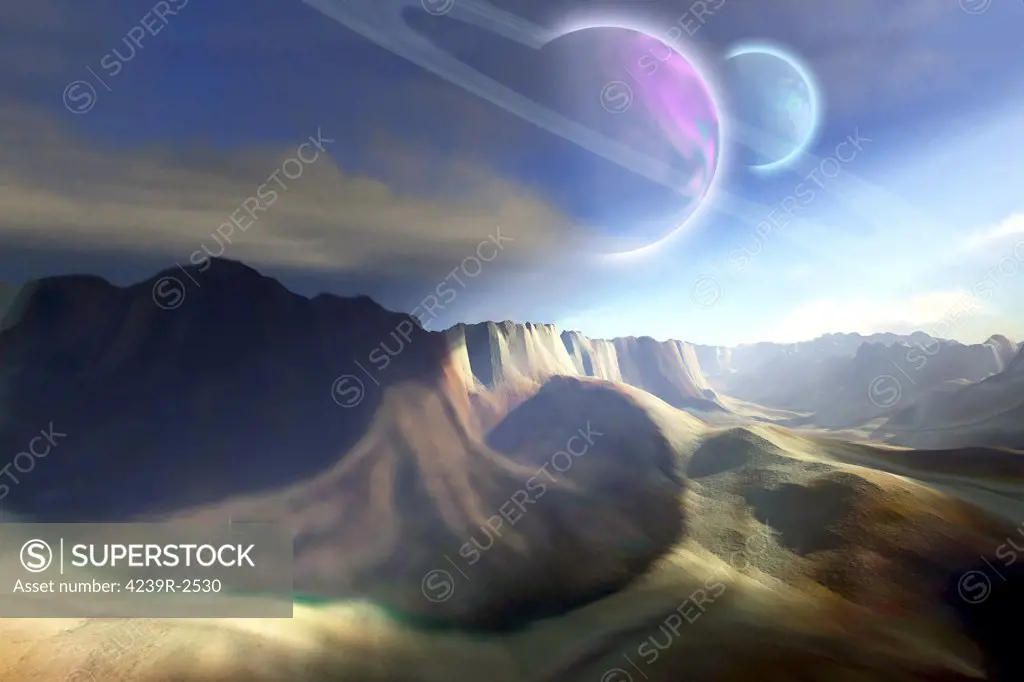 Mountainous landscape on a futuristic world with two beautiful moons.