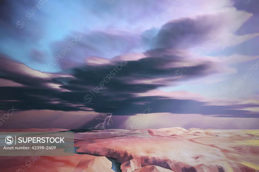 A swift moving thunderstorm moves over a desert landscape.