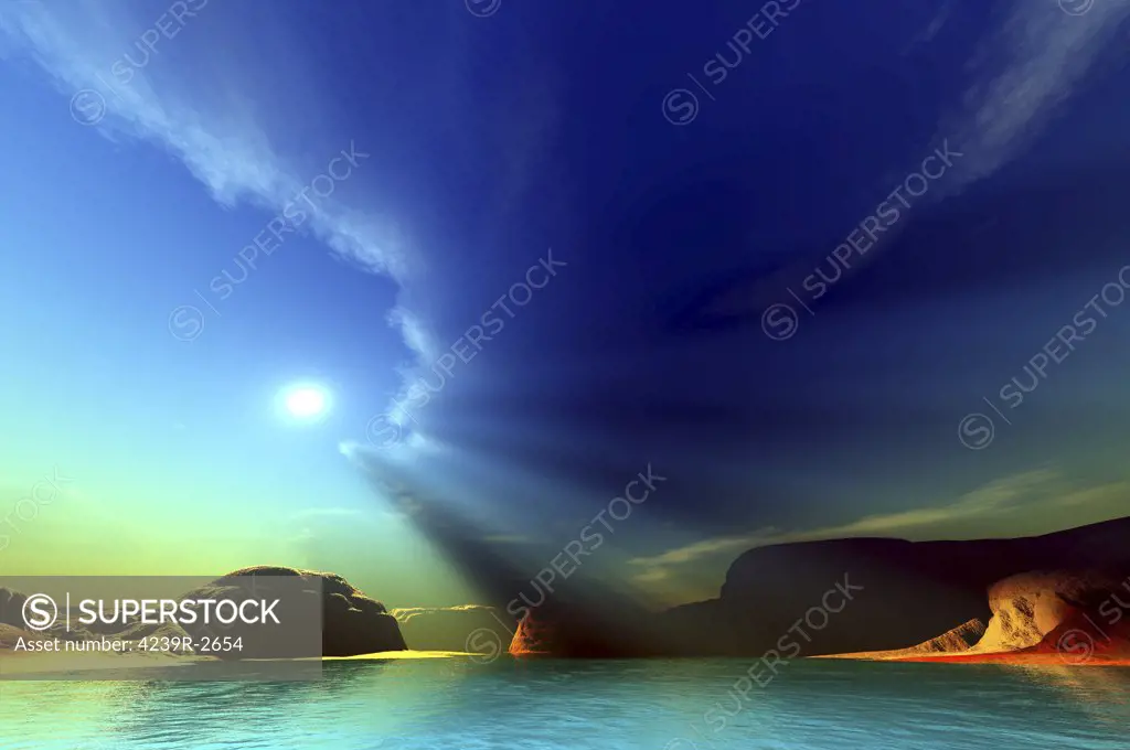 Rays from the sun shine down on this colorful seascape.