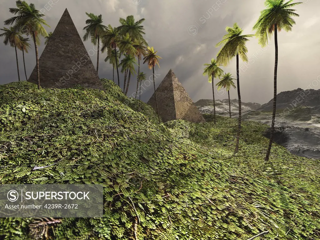 Two pyramids sit majestically among the surrounding jungle.