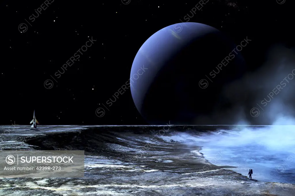 An astronaut is standing on the edge of a lake of liquid methane at the bottom of a large impact crater