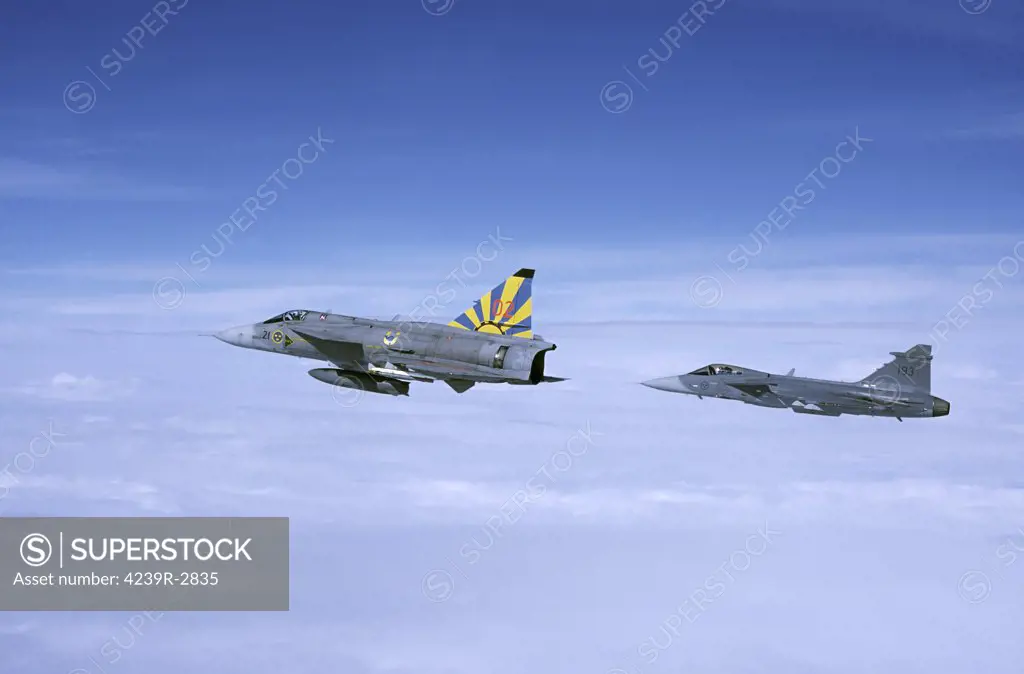 Saab JA 37 Viggen and Saab JAS 39 Gripen fighters of the Swedish Air Force.