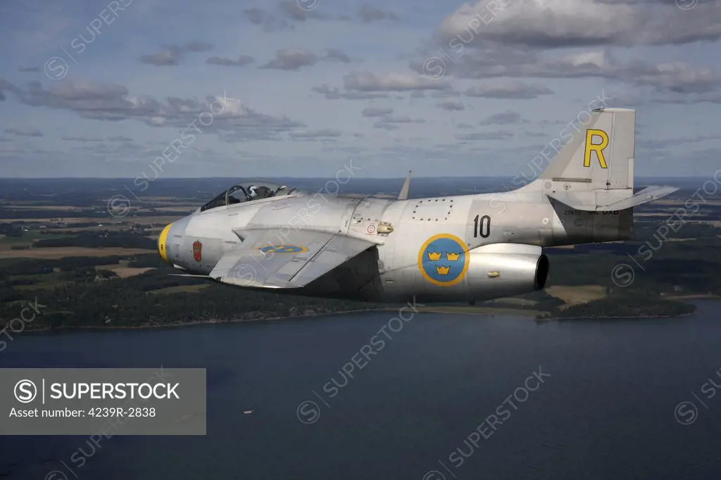 Bohuslan, Sweden - Saab J 29 Flying Barrel vintage jet fighter of the Swedish Air Force Historic Flight.