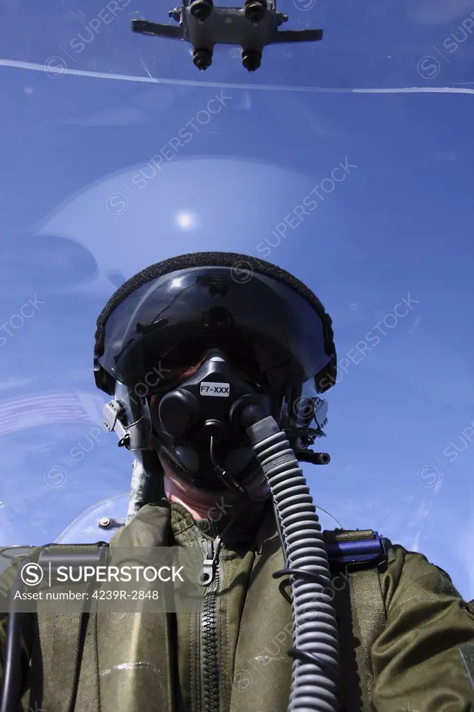 Self-portrait of a pilot flying in a Saab J 32 Lansen fighter of the Swedish Air Force Historic Flight.