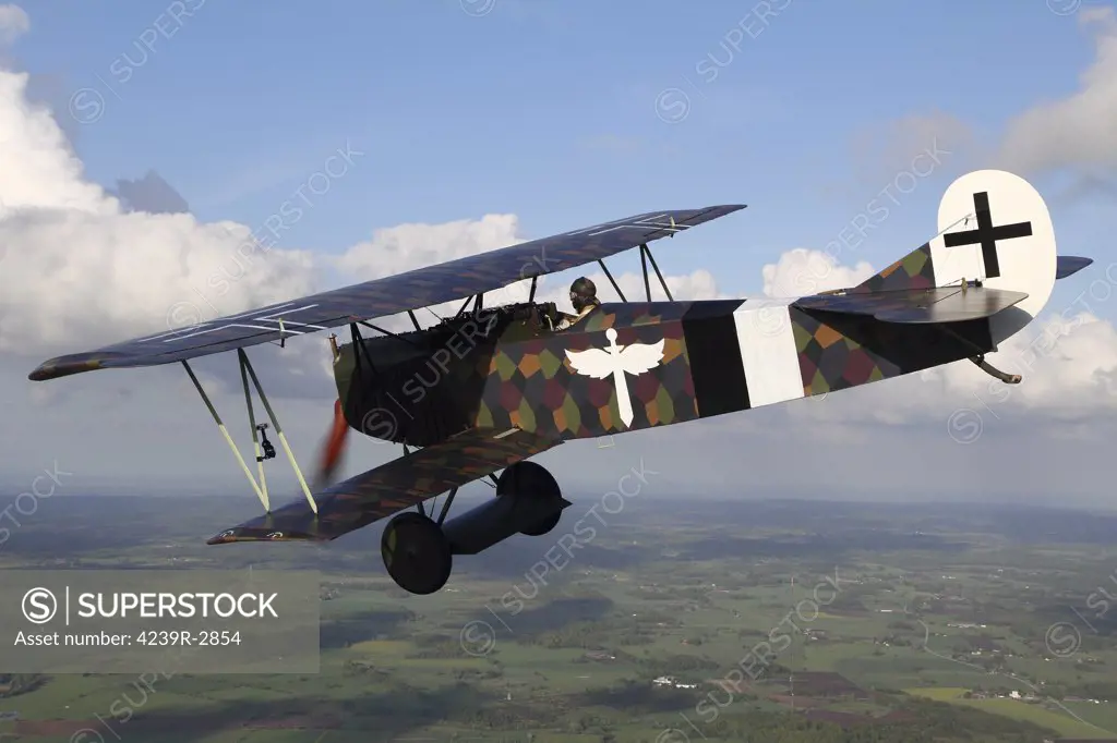 Sebbarp, Sweden - Fokker D.VII World War I replica fighter in the air.