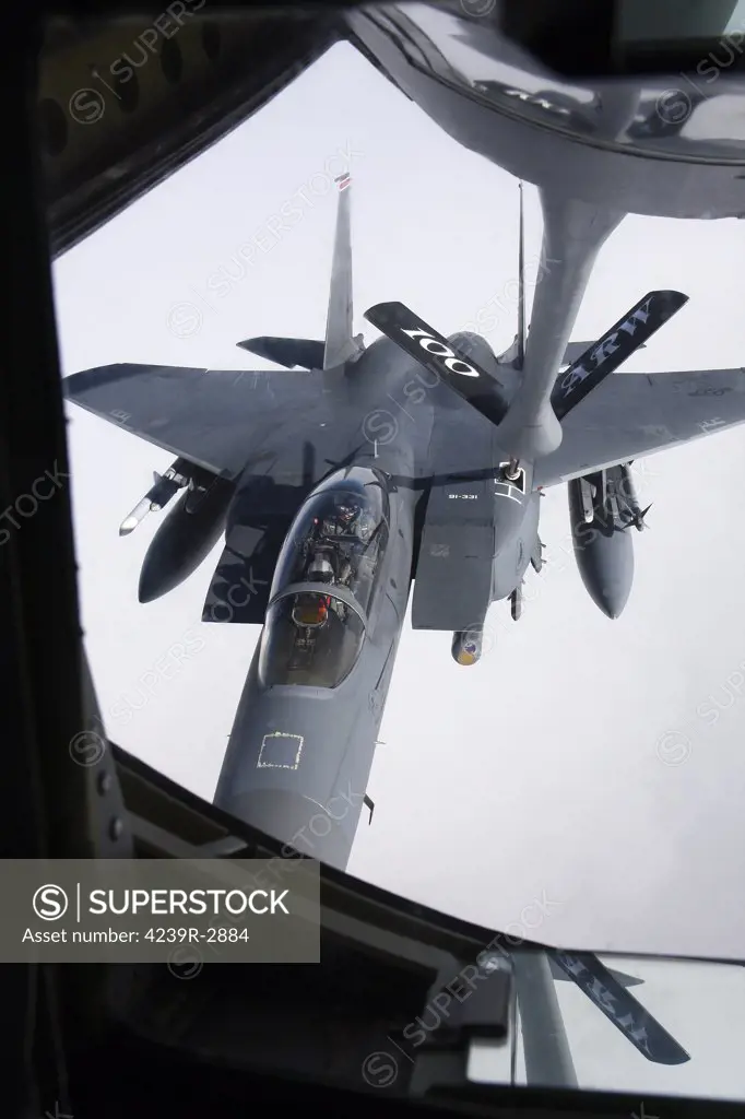 Air refueling a McDonnell Douglas F-15E Strike Eagle of the U.S. Air Force.