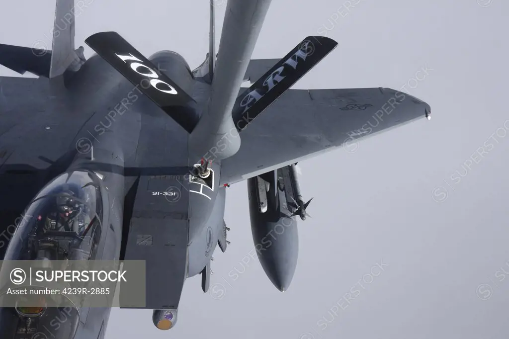 Air refueling a McDonnell Douglas F-15E Strike Eagle of the U.S. Air Force.