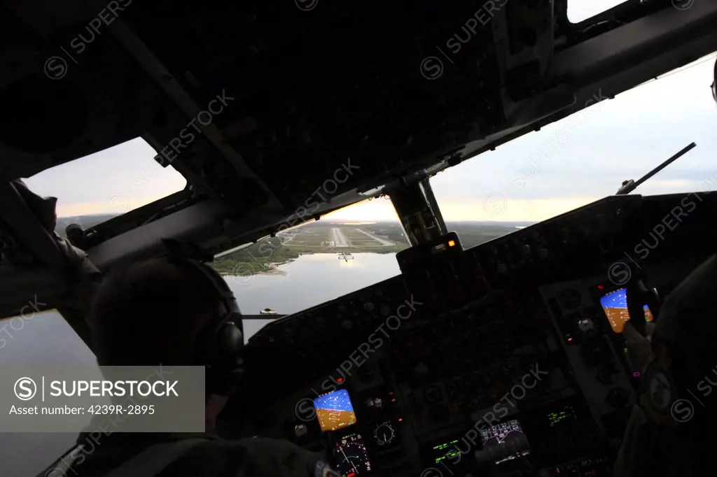 Lappland, Sweden - Cockpit view of an evening landing in a Boeing KC-135 Stratotanker of the U.S. Air Force