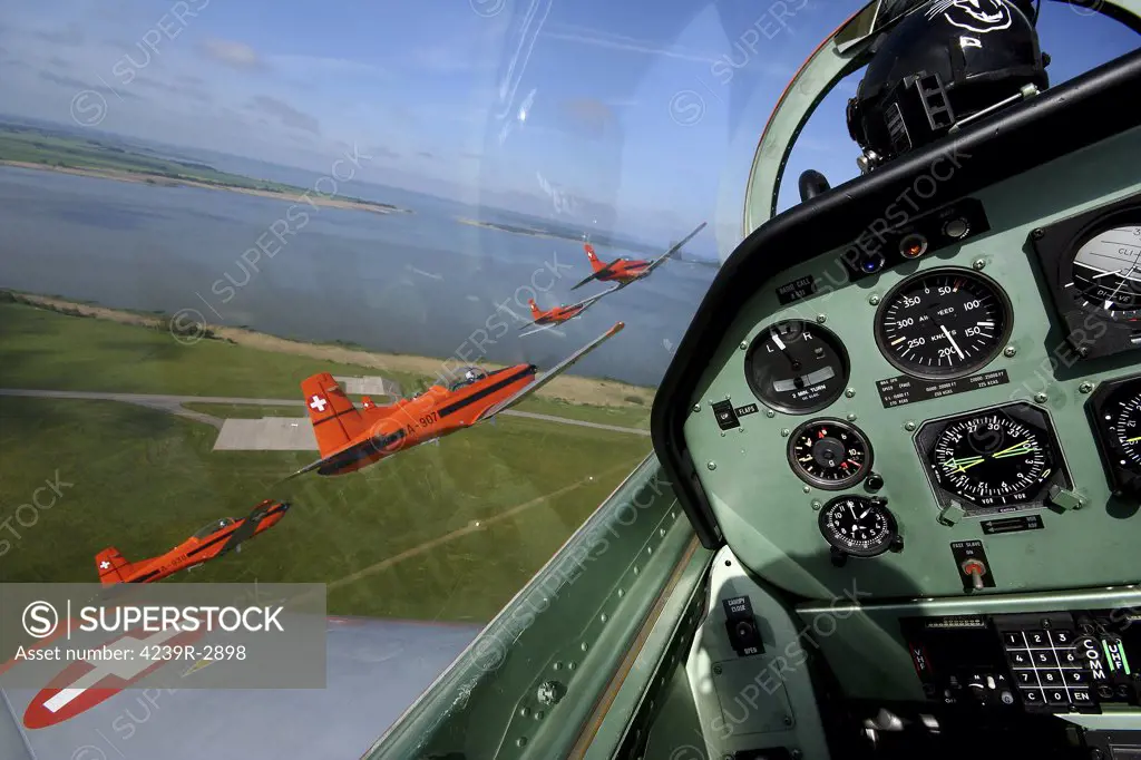 Satenas, Sweden - Inside the Pilatus PC-7 turboprop trainer of the Swiss Air Force display team, the PC-7 Team.