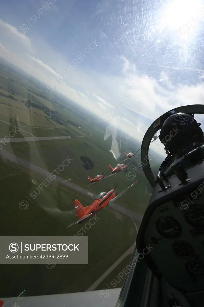 Satenas, Sweden - Inside the Pilatus PC-7 turboprop trainer of the Swiss Air Force display team, the PC-7 Team.